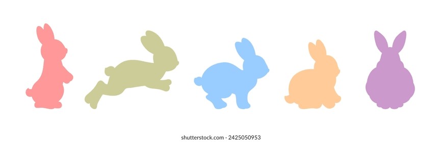 Frühlingshasen Osterhasen Silhouetten. Niedliche Osterhasen formen bunte Vektor-Illustration. Einfache Ikonen eines Kaninchens hüpfen, sitzen, springen, aufziehen auf Hinterbeinen. Weiche Frühlingsfarbpalette.