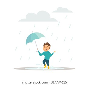 Spring rain. Happy boy with umbrella and enjoy the weather. Cute cartoon kid playing and jumping in puddle. Child in boots walking. Summer shower. Autumn outdoor.