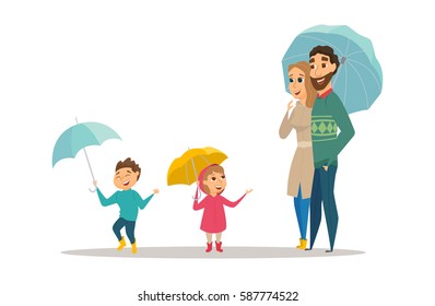 Spring Rain. Happy Family With Umbrella And Enjoy The Weather. Cute Cartoon Kids Playing And Jumping. Parents And Child In Raincoat And Boots Walking. Autumn Outdoor.