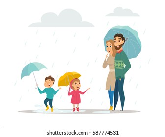 Spring Rain. Happy Family With Umbrella And Enjoy The Weather. Cute Cartoon Kids Playing And Jumping In Puddle. Parents And Child In Raincoat And Boots Walking. Summer Shower. Autumn Outdoor.