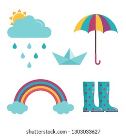 Spring rain icon set with sun behind cloud, drops, colored umbrella, rubber dotted gumboots, paper boat and rainbow in cartoon flat design. Rainy day icons.