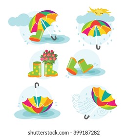 spring rain. icon set with umbrella, cloud, rubber boots
