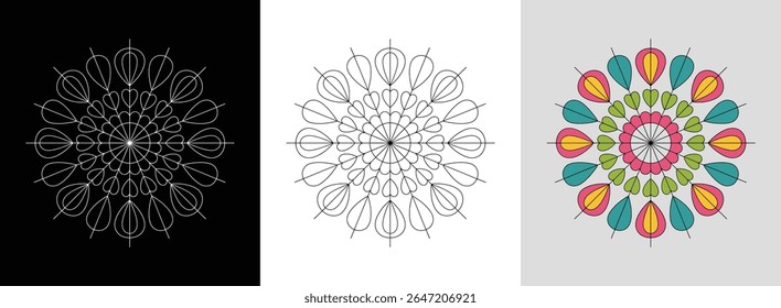Spring rain mandala with raindrop motifs and bright rainbow accents for cheerful decor.
