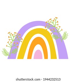 Regenbogen im Frühling, verziert mit Tansienblumen. Design für Kinder, Postkarten, Druck auf Papier oder Stoff. Vektorgrafik einzeln auf weißem Hintergrund.
