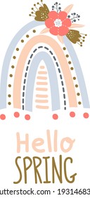 Spring rainbow with floral wreath and text Hello spring on white isolated background