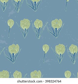Spring Rampage seamless vector pattern. Romantic blooming crocus for textile, stationary, scrapbook paper and web in pastel colors.