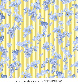 Spring realistic flowers on striped  background.  Floral motif. Forget me not illustration. Vector