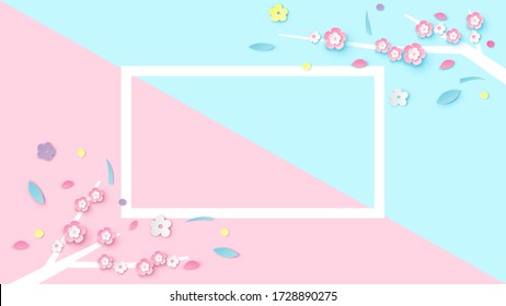 Spring  rectangle frame decorated with Cherry blossoms, tree branch, leaves and blank space on pastel background. Spring background template. paper cut and craft style. vector, illustration.