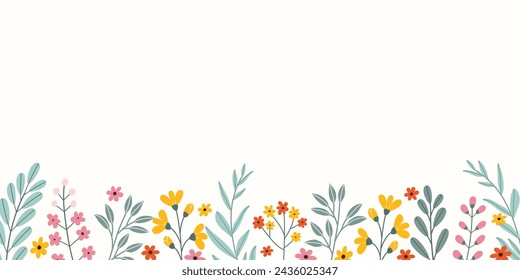 Spring rectangular celebration background with empty place for text in flat style. Hand drawn different colorful flowers and branches. Holiday seasonal floral template.