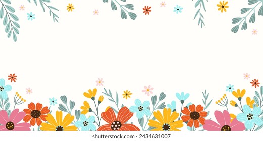 Banner festivo rectangular de primavera sobre fondo blanco con lugar para texto en estilo vector plano. Dibujado a mano grandes flores de colores, ramas. Plantilla floral de temporada de vacaciones.