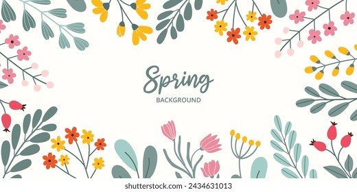 Spring rectangular festive banner on white background with place for text in flat vector style. Hand drawn blossom flowers, branches, berries. Holiday seasonal floral decoration.