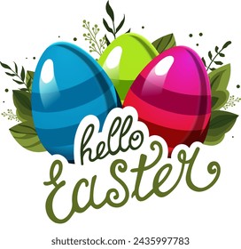 Spring red, blue and green eggs with the text Hello Easter and with green leaves and branches on background. Illustration in flat style. Vector clipart for design of card, banner, flyer, sale, poster