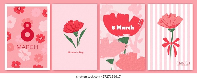 Spring red, pink flowers. 8 March, womens day, mother's day holiday cards set. Bright colorful botanical background, pattern. 