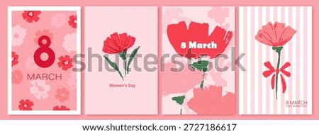 Spring red, pink flowers. 8 March, womens day, mother's day holiday cards set. Bright colorful botanical background, pattern. 