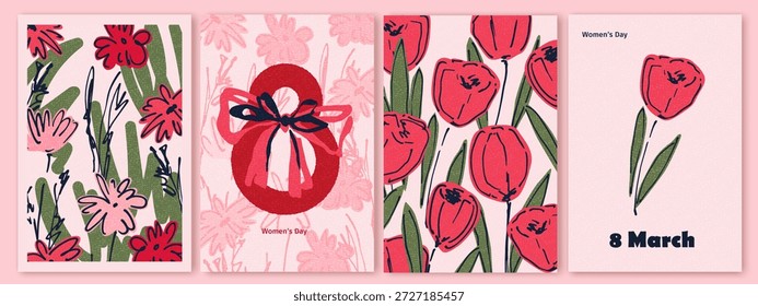 Spring red, ponk flowers. 8 March, womens day, mother's day holiday cards set. Bright colorful botanical background, pattern. 