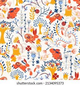 Spring Red Rabbits in Forest Vector Seamless Pattern