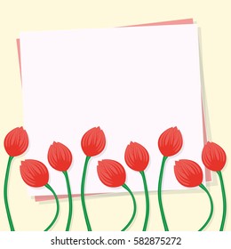 Spring red tulip flowers and empty paper sheet, from above, beautiful vintage card, top view, copy space blank for text, flat lay