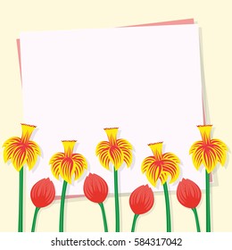 Spring red tulip and narcissus flowers and empty paper sheet, from above, beautiful vintage card, top view, copy space blank for text, flat lay