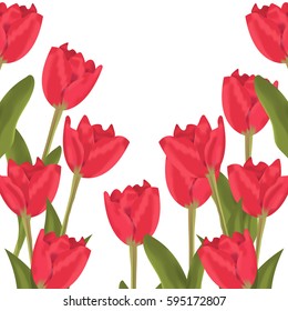 Spring red tulips flower bouquet. Vector illustration tulips beauty spring pink blossom. Nature floral holiday season background. Green leaf bloom plant celebration vibrant bunch flower.