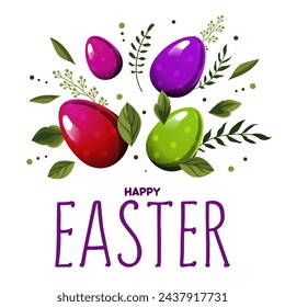Spring red and violet eggs with the text Happy Easter and with green leaves and branches on background. Illustration in flat style. Vector clipart for design of card, banner, flyer, sale, poster
