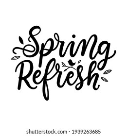 Spring refresh lettering sign with doodles. Hand drawn modern calligraphy design template for cards, poster, home decor, flyers, banner, packaging, cleaning service advertising. Spring cleaning vector