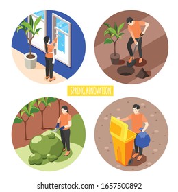 Spring renovation  2x2 design concept set of men and women washing window planting tree  trimming bush taking out trash isometric vector illustration