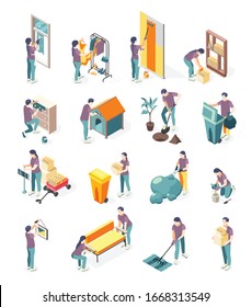 Spring renovation isometric color icons set of  people working in garden throw away garbage   repairing doghouse isolated vector illustration 