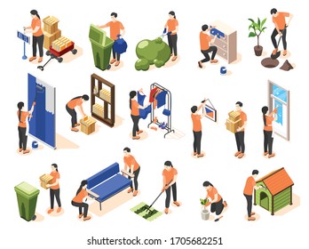 Spring renovation isometric icons set of  people taking out  trash repainting furniture bonding wallpaper on room walls isolated vector illustration 