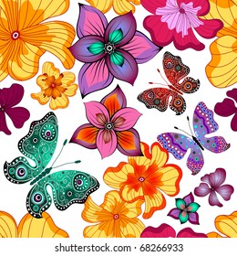 Spring repeating white floral pattern with vivid flowers and butterflies (vector)