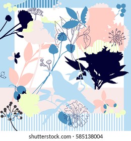 Spring retro floral print. Silk scarf vector graphics.