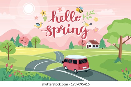 Spring road trip. Landscape with a cute car on the road and lettering. Vector illustration in flat style