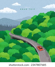 Spring road trip. Mountain beautiful landscape. Vacation, Holiday adventure. The car drive along the highway. Summer season banner background. Simple graphic. Trendy flat design. Vector illustration.