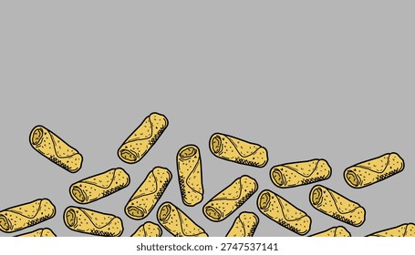 Spring Roll background Pattern. Asian Lumpia Repeating Motif. Hand Drawn Outline Illustration. Monochrome And Color Variations. Street Food Textile Packaging Design.