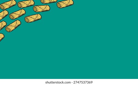Spring Roll background Pattern. Asian Lumpia Repeating Motif. Hand Drawn Outline Illustration. Monochrome And Color Variations. Street Food Textile Packaging Design.