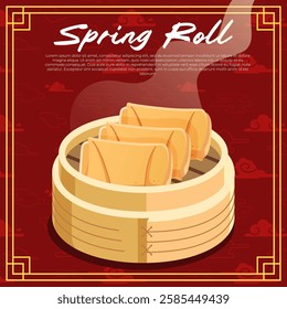 Spring Roll in a bamboo steamer with a red cloud Chinese background vector illustration