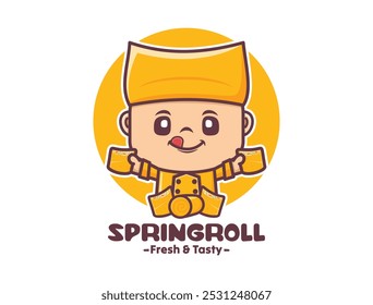 spring roll chef cartoon mascot design in yellow uniform, vector illustration in outline style.