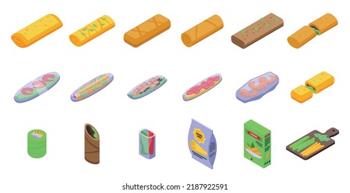 Spring roll icons set isometric vector. Food vietnamese. Asia food