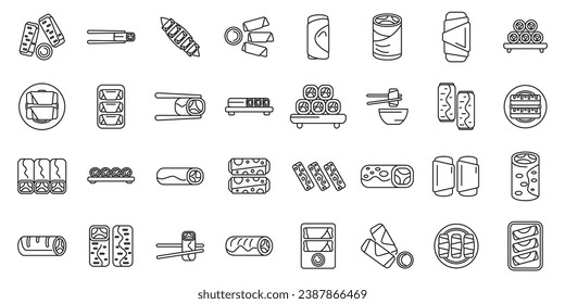 Spring roll icons set outline vector. Food asia sauce. Thai rolls cafe