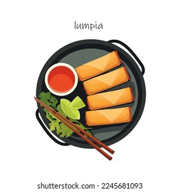 Spring roll lumpia fried appetizer in plate asian food graphic illustration in vector