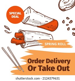 Spring roll in menu of restaurant or cafe, order delivery or take out. Advertisement banner with food, Chinese and Japanese cuisine, tasty dishes and seasoning for meal and rice. Vector in flat