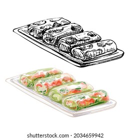 Spring roll on board. Vintage vector hatching color hand drawn illustration isolated on white background