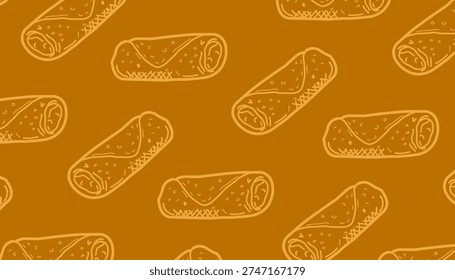 Spring Roll Seamless Pattern. Asian Lumpia Repeating Motif. Hand Drawn Outline Illustration. Monochrome And Color Variations. Street Food Textile Packaging Design.