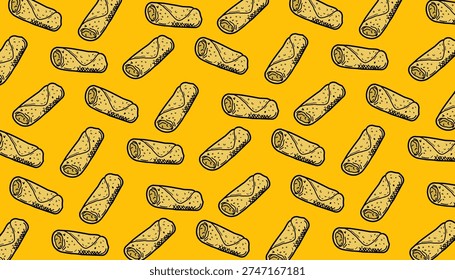 Spring Roll Seamless Pattern. Asian Lumpia Repeating Motif. Hand Drawn Outline Illustration. Monochrome And Color Variations. Street Food Textile Packaging Design.