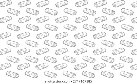 Spring Roll Seamless Pattern. Asian Lumpia Repeating Motif. Hand Drawn Outline Illustration. Monochrome And Color Variations. Street Food Textile Packaging Design.