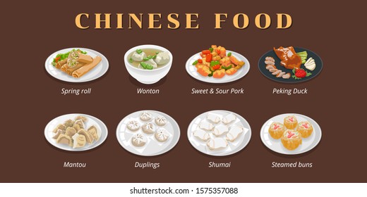 spring roll, wonton soup,sweet sour pork,peking duck,mantou,dumplings,shumai,steamed bun ,dim sum chinese food texture menu vector graphic clipart design