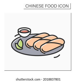 Spring rolls color icon. Rice paper wrapped deep fried Asian meat or vegetables stuffed snack with hot sauce. Concept of popular Chinese street food. Isolated vector illustration