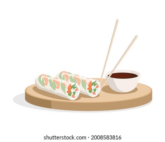 Spring rolls and soy sauce with chopsticks on the plate vector flat illustration isolated on white. Traditional Asian dish. Fresh vegetables and shrimps in rice paper. Chinese or Vietnam food.