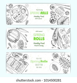 Spring rolls vector illustration. Vietnamese food banner collection. Asian cuisine menu design template. Vintage hand drawn sketch. Engraved image.
