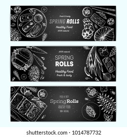 Spring rolls vector illustration. Vietnamese food banner collection. Asian cuisine menu design template.  Vintage hand drawn sketch. Engraved image.