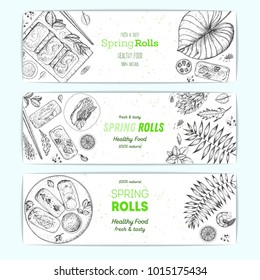 Spring rolls vector illustration. Vietnamese food banner collection. Asian cuisine menu design template.  Vintage hand drawn sketch. Engraved image.